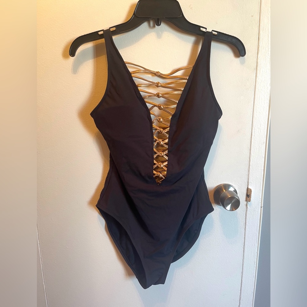 One-Piece Women Black Swimsuit with Gold Detail by BLEU by Rod Beattie. Size 6